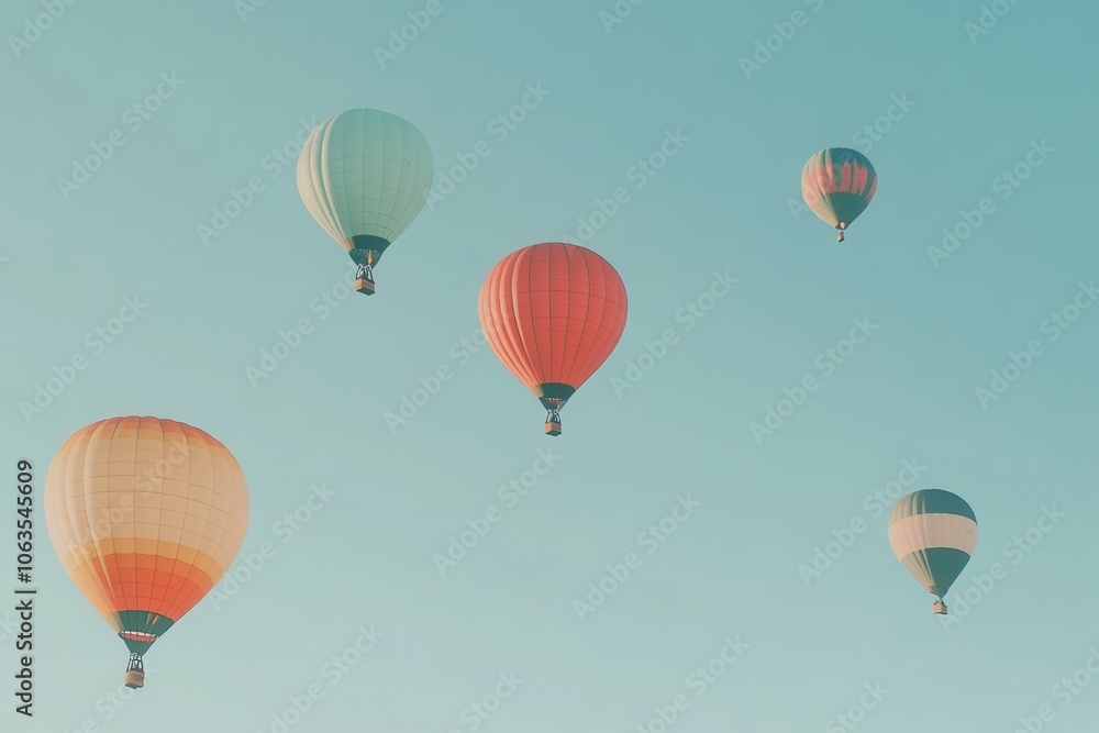 Naklejka premium A set of brightly colored hot air balloons rising into a clear sky. 