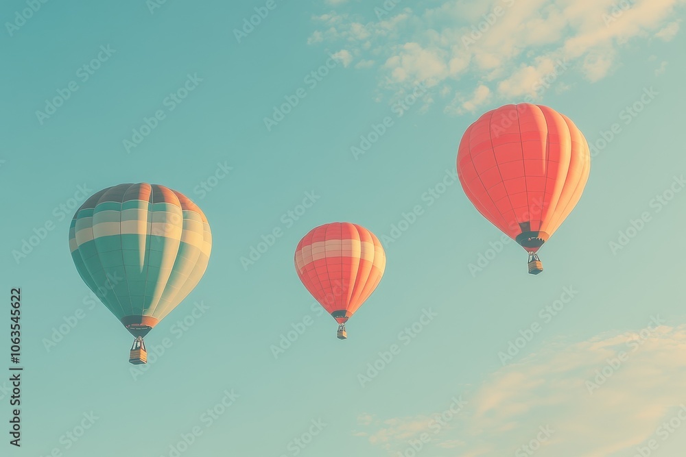 Obraz premium A set of brightly colored hot air balloons rising into a clear sky. 