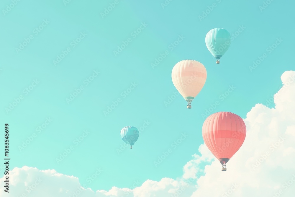 A set of brightly colored hot air balloons rising into a clear sky. A set of brightly colored hot air balloons rising into a clear sky.
