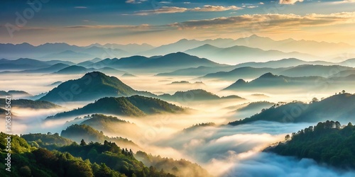 Softly falls misty fog over a serene mountain landscape, revealing subtle ridges and valleys in the distance, scenery, atmospheric conditions, clouds