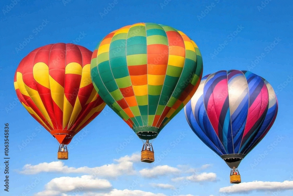 Obraz premium A set of brightly colored hot air balloons rising into a clear sky. 