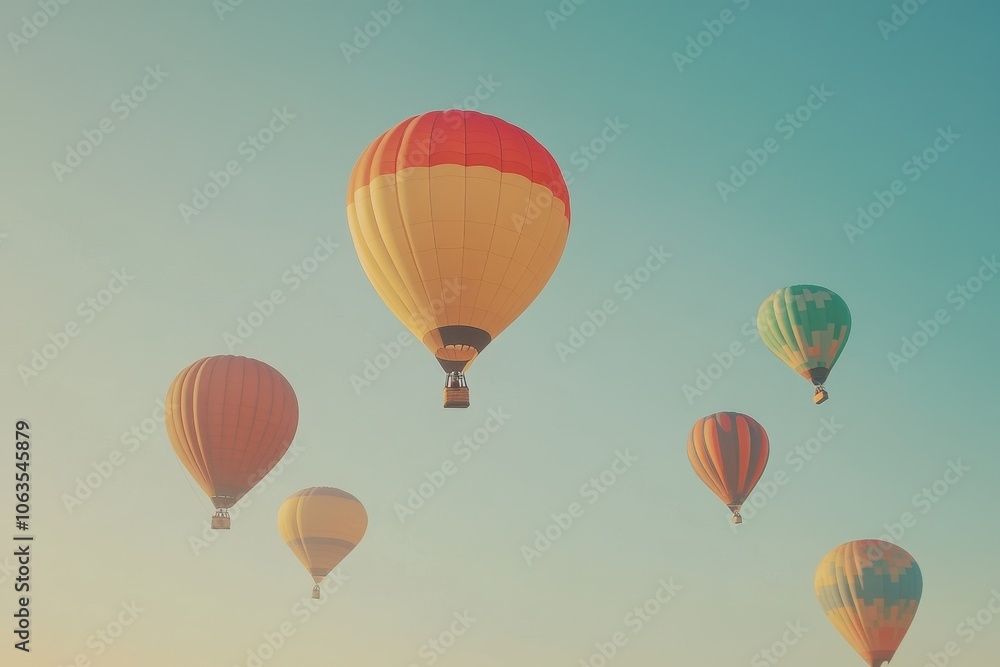 Obraz premium A set of brightly colored hot air balloons rising into a clear sky. 