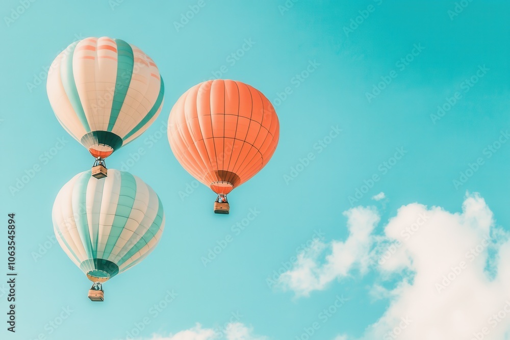Naklejka premium A set of brightly colored hot air balloons rising into a clear sky. 