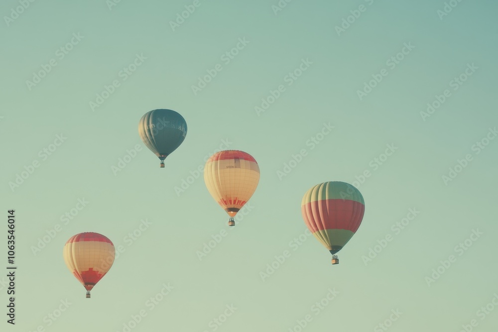 A set of brightly colored hot air balloons rising into a clear sky. A set of brightly colored hot air balloons rising into a clear sky.