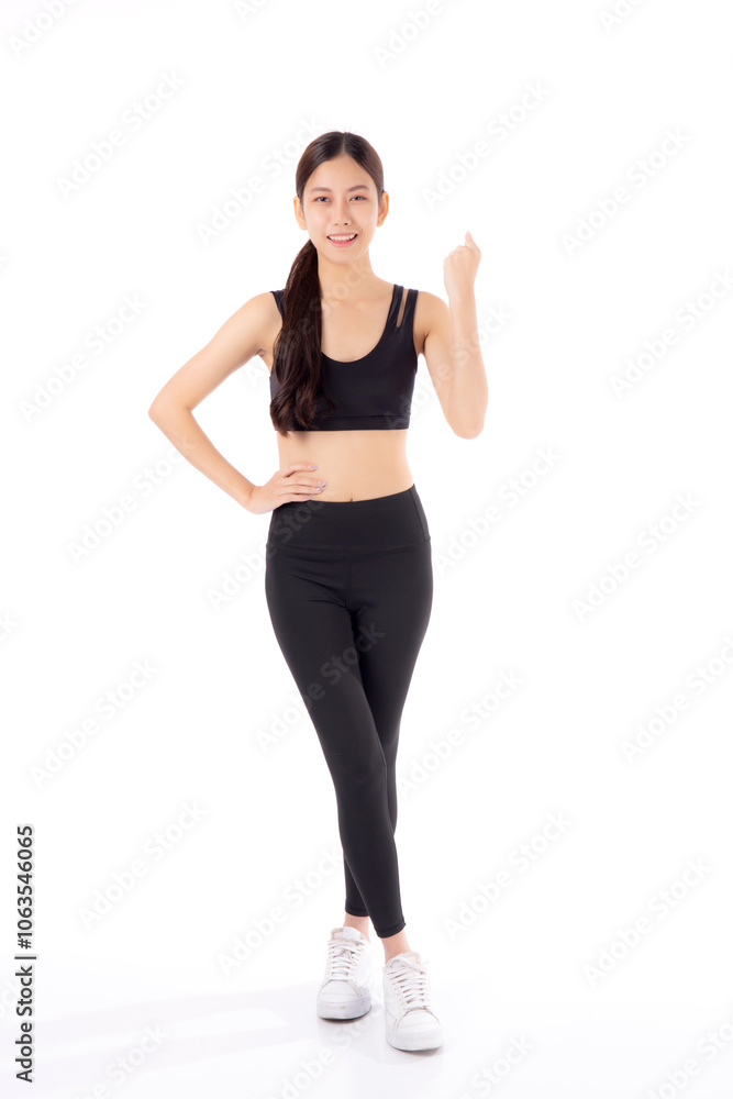 Portrait of beautiful young asian woman in sportswear gesture success isolated on white background, sport and exercise for health, training and strength, female slimming with confident. Portrait of beautiful young asian woman in sportswear gesture success isolated on white background, sport and exercise for health, training and strength, female slimming with confident.