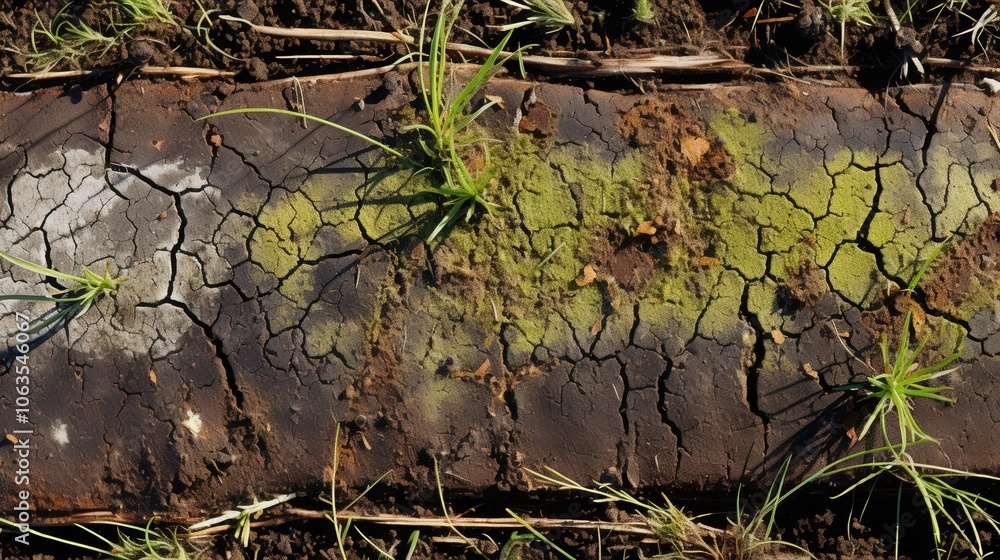 Cracked and dried earth with patches of green moss and small plants growing in the crevices Cracked and dried earth with patches of green moss and small plants growing in the crevices