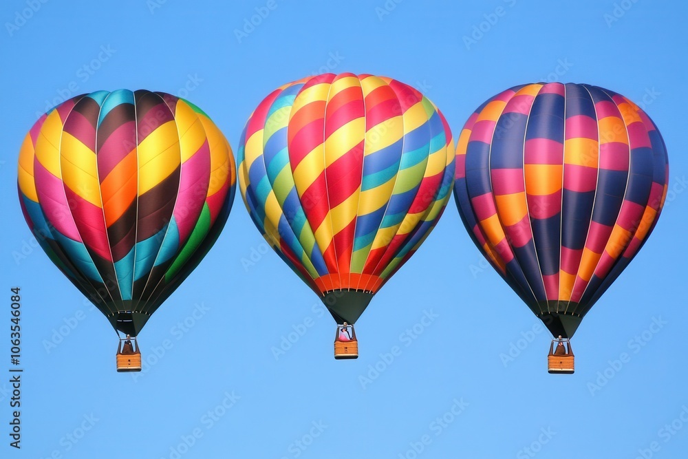 Fototapeta premium A set of brightly colored hot air balloons rising into a clear sky. 