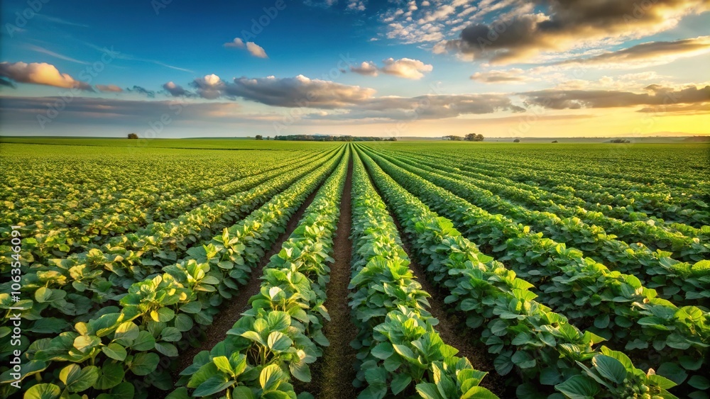 Stock photo of soybean plant emerging in grain farm field Stock photo of soybean plant emerging in grain farm field