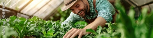 Farmer in a solar-powered greenhouse growing organic vegetables, [eco-friendly], [green energy and sustainable agriculture]. photo