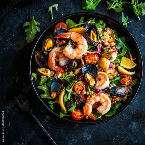 Seafood salad combo: shrimp, mussels, squid for healthy snacks or appetizers