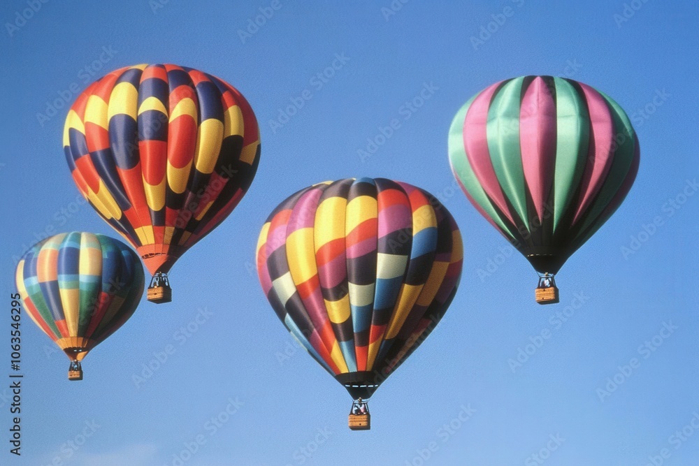 A set of brightly colored hot air balloons rising into a clear sky. A set of brightly colored hot air balloons rising into a clear sky.