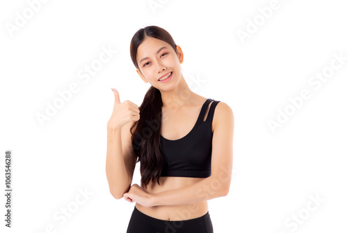 Portrait of beautiful young asian woman in sportswear gesture thumbs up with success isolated white background, sport and exercise for health, training and strength, female slimming with confident.