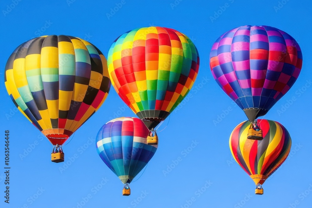 A set of brightly colored hot air balloons rising into a clear sky. A set of brightly colored hot air balloons rising into a clear sky.