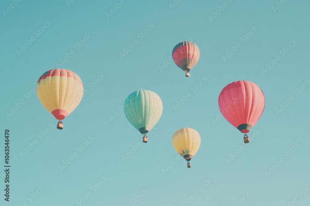 A set of brightly colored hot air balloons rising into a clear sky. A set of brightly colored hot air balloons rising into a clear sky.