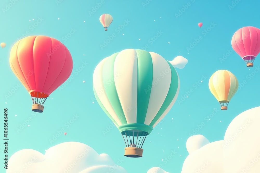 A set of brightly colored hot air balloons rising into a clear sky. A set of brightly colored hot air balloons rising into a clear sky.
