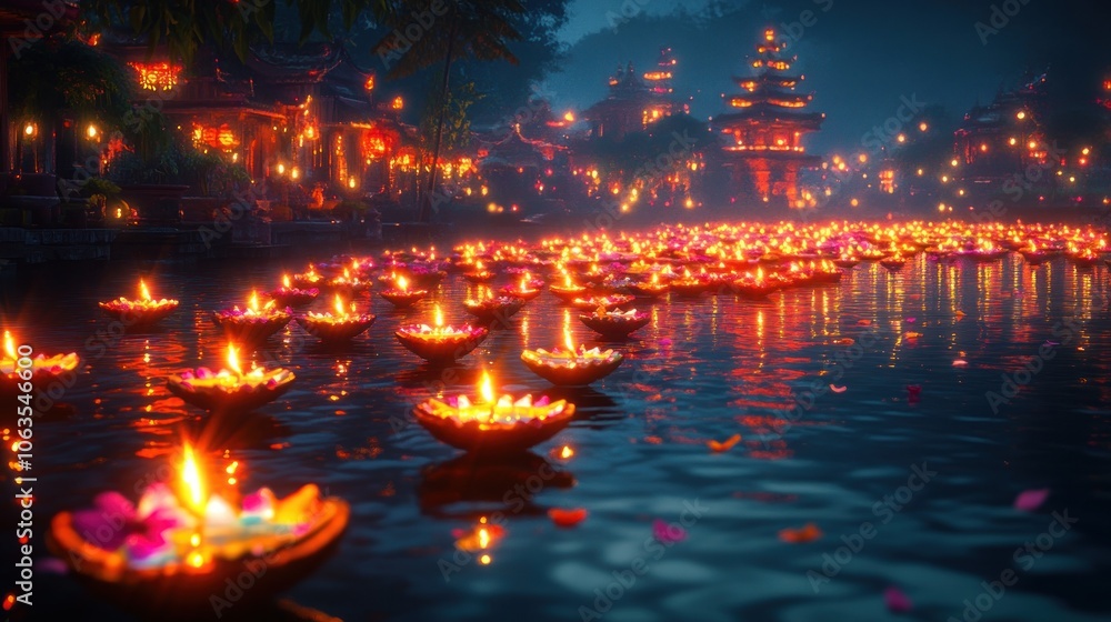 Serene night scene with floating candles on a tranquil water surface. Serene night scene with floating candles on a tranquil water surface.