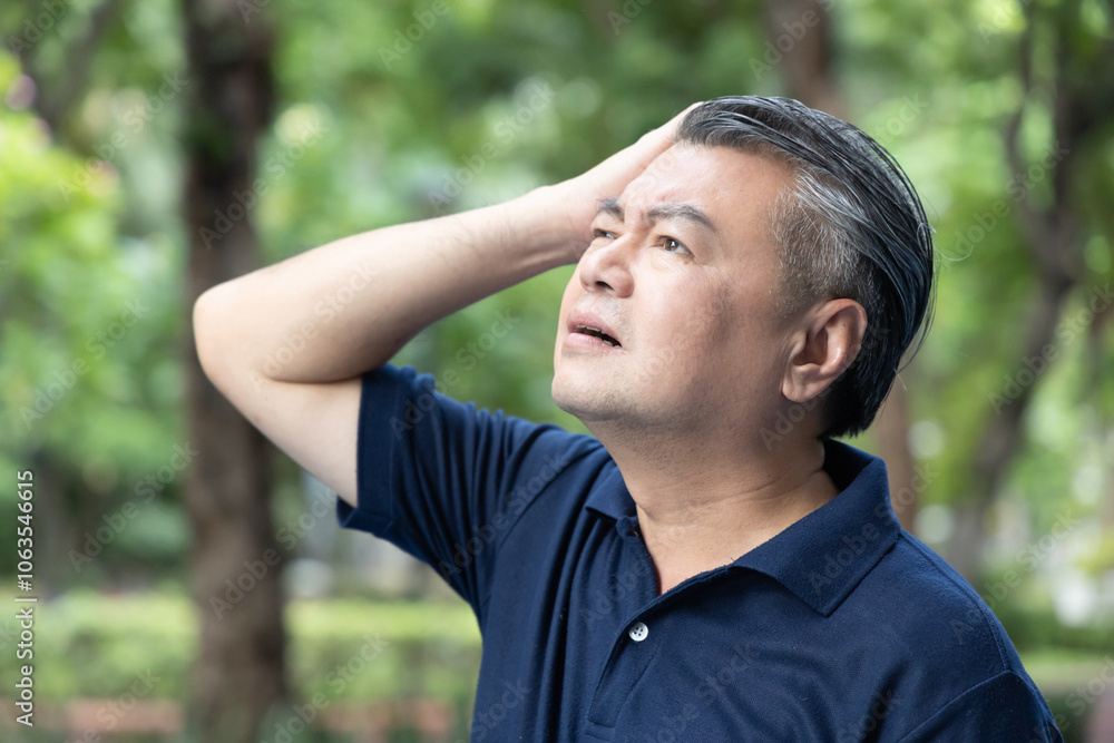 Sad unhappy middle aged Asian man feels bad with his hair loss or gray hair, concept image of cure for hair fall, alopecia, grey hair, aging process, failed scalp keratin medication or treatment Sad unhappy middle aged Asian man feels bad with his hair loss or gray hair, concept image of cure for hair fall, alopecia, grey hair, aging process, failed scalp keratin medication or treatment