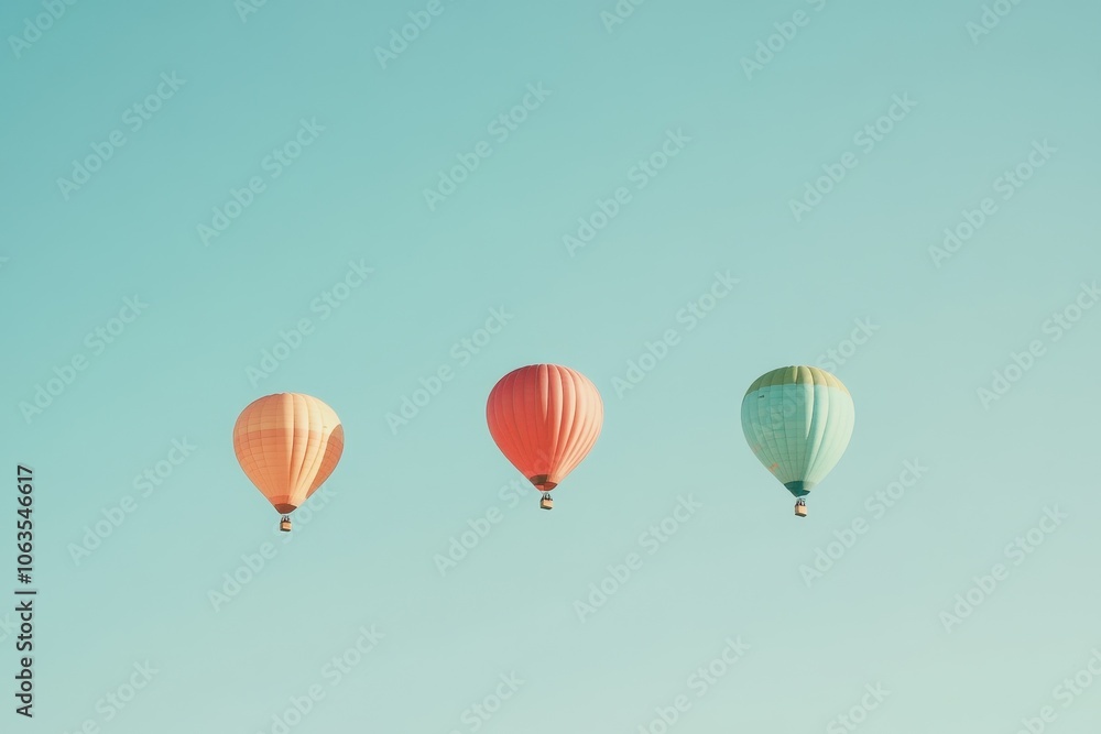 Fototapeta premium A set of brightly colored hot air balloons rising into a clear sky. 