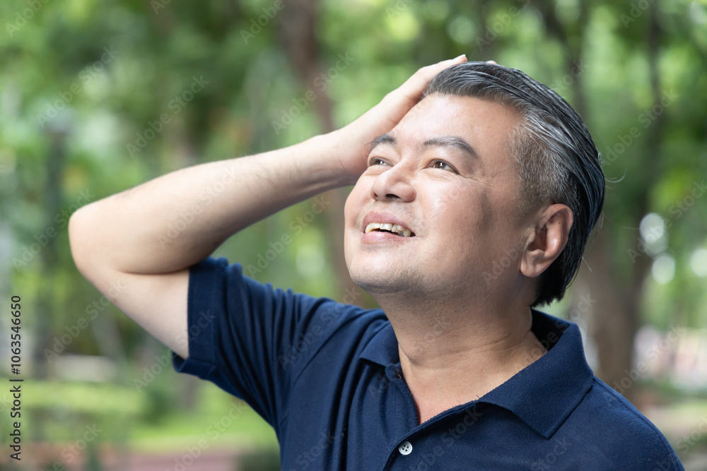 Happy middle aged Asian man, feeling good with his hair loss or gray hair recovery treatment, concept image of cure for hair fall, alopecia, grey hair, aging process, scalp medication outdoor scene Happy middle aged Asian man, feeling good with his hair loss or gray hair recovery treatment, concept image of cure for hair fall, alopecia, grey hair, aging process, scalp medication outdoor scene