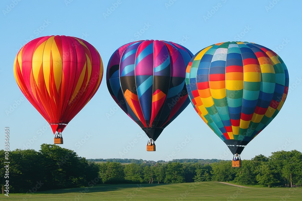 Naklejka premium A set of brightly colored hot air balloons rising into a clear sky. 