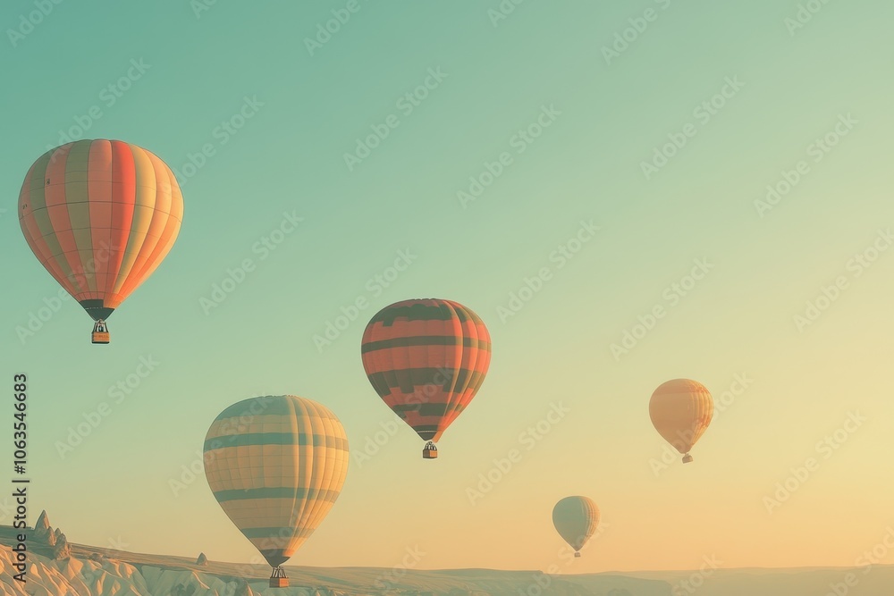 Obraz premium A set of brightly colored hot air balloons rising into a clear sky. 