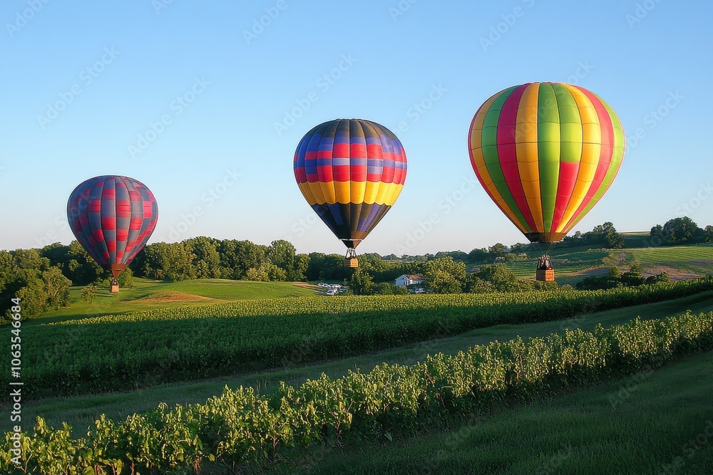 Obraz premium A set of brightly colored hot air balloons rising into a clear sky.