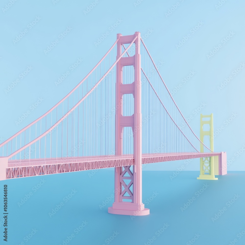 Fototapeta premium A stylized illustration of a bridge with pastel colors against a blue background.