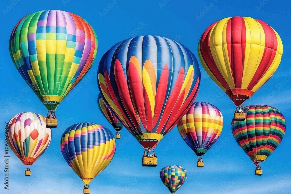 Fototapeta premium A set of brightly colored hot air balloons rising into a clear sky. 
