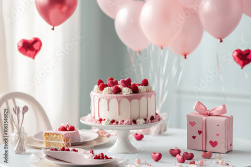 Romantic table setting for two with heart shaped cake and gift
