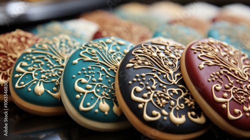 A close-up view of intricately decorated cookies with gold accents, showcasing the beauty of artisan baking.