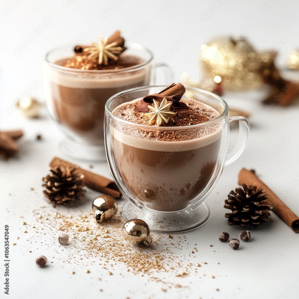 Christmas signature cocoa in beautiful glassware on white background Christmas signature cocoa in beautiful glassware on white background