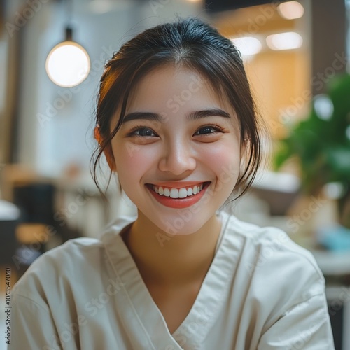 Young Asian woman smiles cheerfully in medical office.