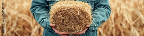 Farmer carrying bundles of hay to store in a barn, [farmer labor], [manual handling of crops]. photo