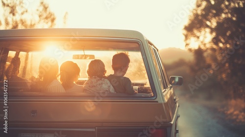 Vintage-inspired photo of a family road trip in an old station wagon, soft sunlight