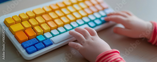 Closeup of child s hands on colorful educational keyboard, early learning and technology photo