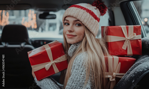 Smiling woman in winter hat holding Christmas gifts