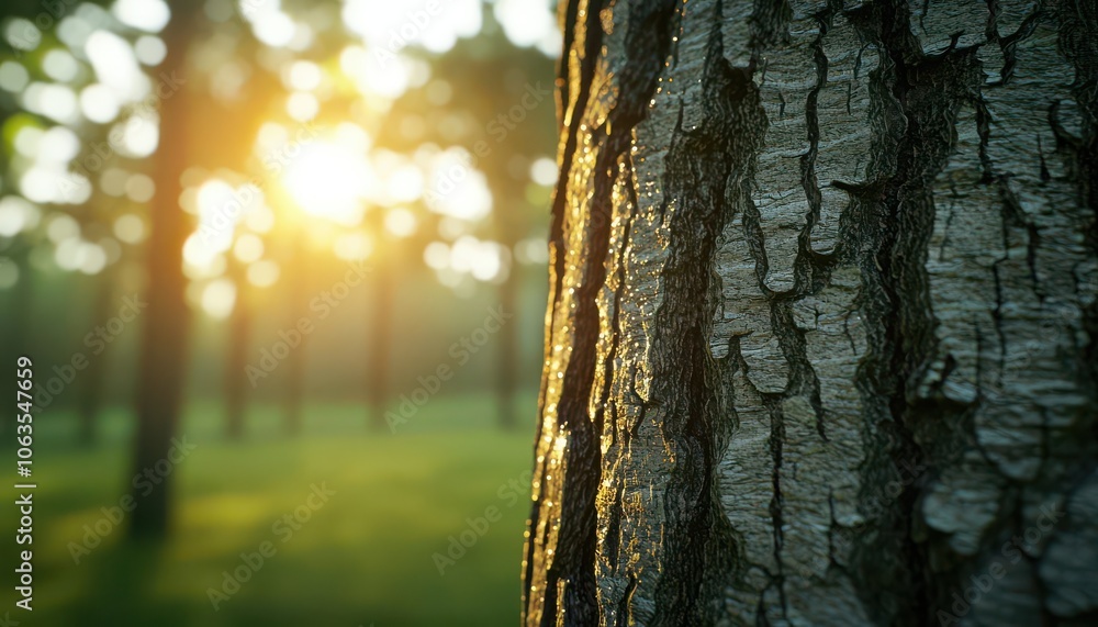 Fototapeta premium Dewcovered tree bark, sunlight filtering through, 3D illustration