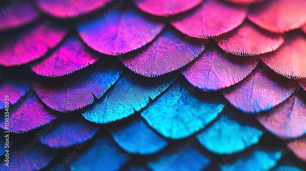 Obraz premium A vibrant close-up of colorful, shimmering scales, showcasing a mesmerizing blend of pink and blue hues.