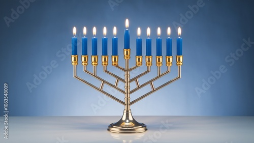 Gold Menorah with Blue Candles for Hanukkah Celebration
