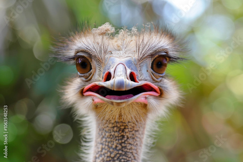 Generated AI picture of ostrich friendly bird on rural farm photo