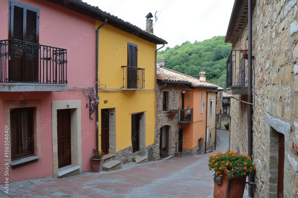 A street in a small Italian village lined with brightly painted houses in various shades of yellow, pink, and orange. A street in a small Italian village lined with brightly painted houses in various shades of yellow, pink, and orange.