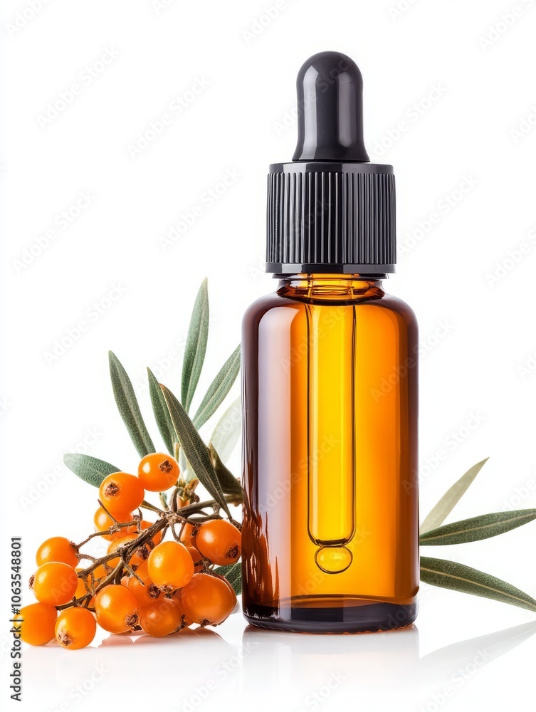 A bottle of sea buckthorn oil with a branch of sea buckthorn covered in berries. A bottle of sea buckthorn oil with a branch of sea buckthorn covered in berries.