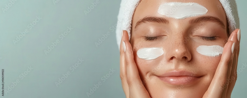 Woman s face with cream gently applied, delicate brush strokes, healthy skin focus Woman s face with cream gently applied, delicate brush strokes, healthy skin focus