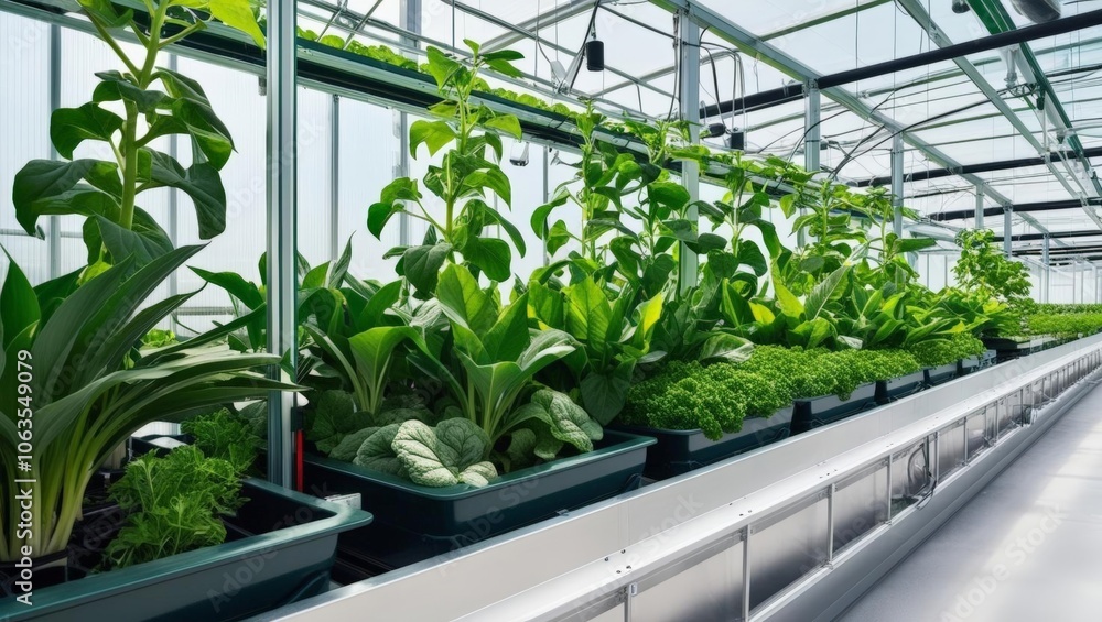 Modern Greenhouse with Lush Plants and Vegetation Modern Greenhouse with Lush Plants and Vegetation