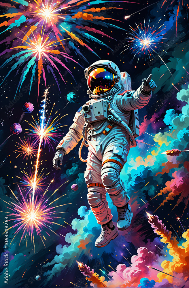 Fototapeta premium Playful Astronaut with Fireworks in Cosmic Background