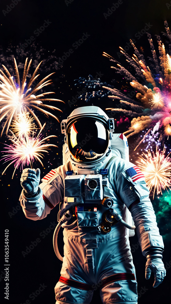 Fototapeta premium Astronaut Celebrating New Year in Deep Space with Fireworks