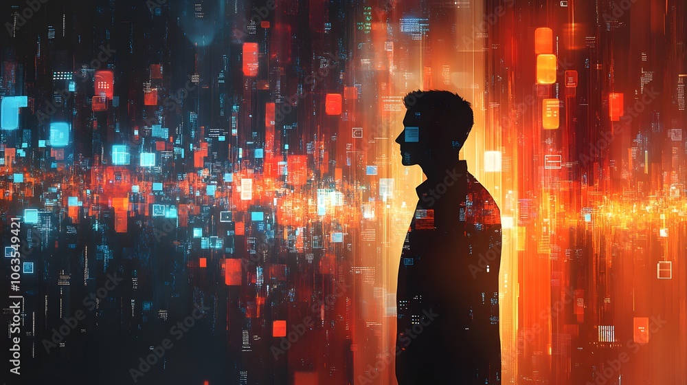 Man Silhouette Digital Data Network Background Man Silhouette Digital Data Network Background