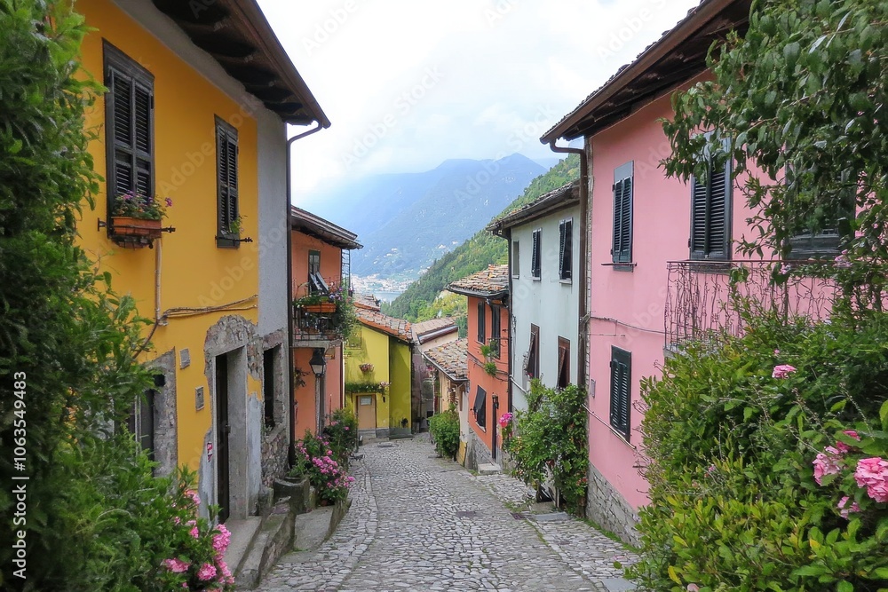 A street in a small Italian village lined with brightly painted houses in various shades of yellow, pink, and orange. A street in a small Italian village lined with brightly painted houses in various shades of yellow, pink, and orange.