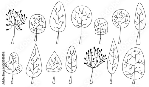 Set of abstract trees, foliage with texture. Collection of isolated plant silhouette, cute garden eco shape. Deciduous and evergreen forest plants. Bare trees and ones with leaves and lush crowns.