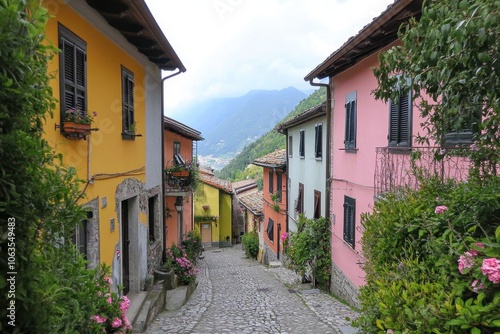 A street in a small Italian village lined with brightly painted houses in various shades of yellow, pink, and orange.